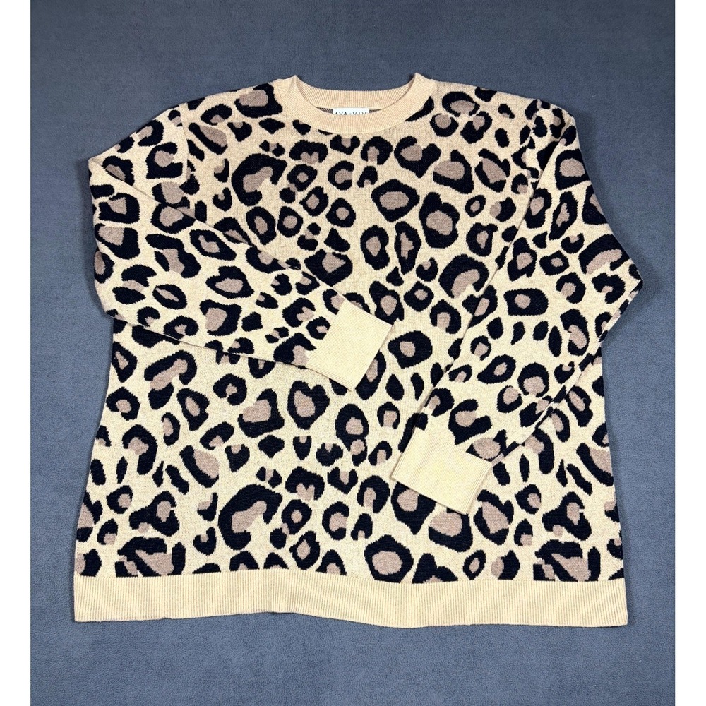 Ava & Viv‎ Sweater Womens 3X Beige Leopard Cotton Tight Knit Ribbed Warm Cozy